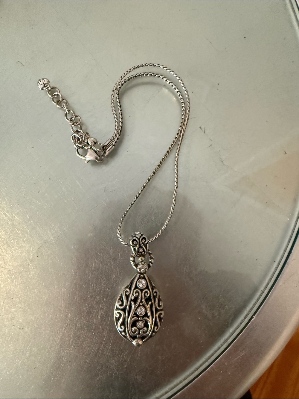 Brighton Silver Filigree Teardrop Necklace with Clear Stones